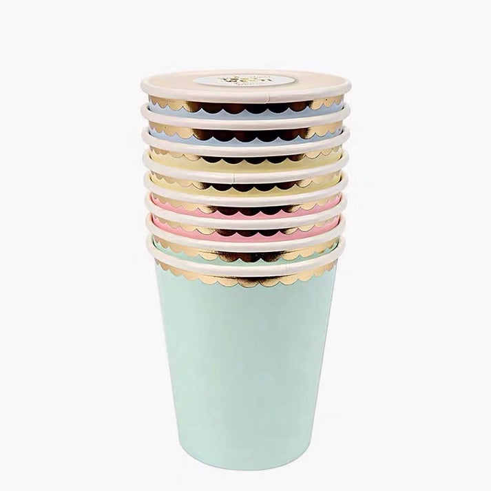 Pastel Paper Cups with Gold Scallop Trim