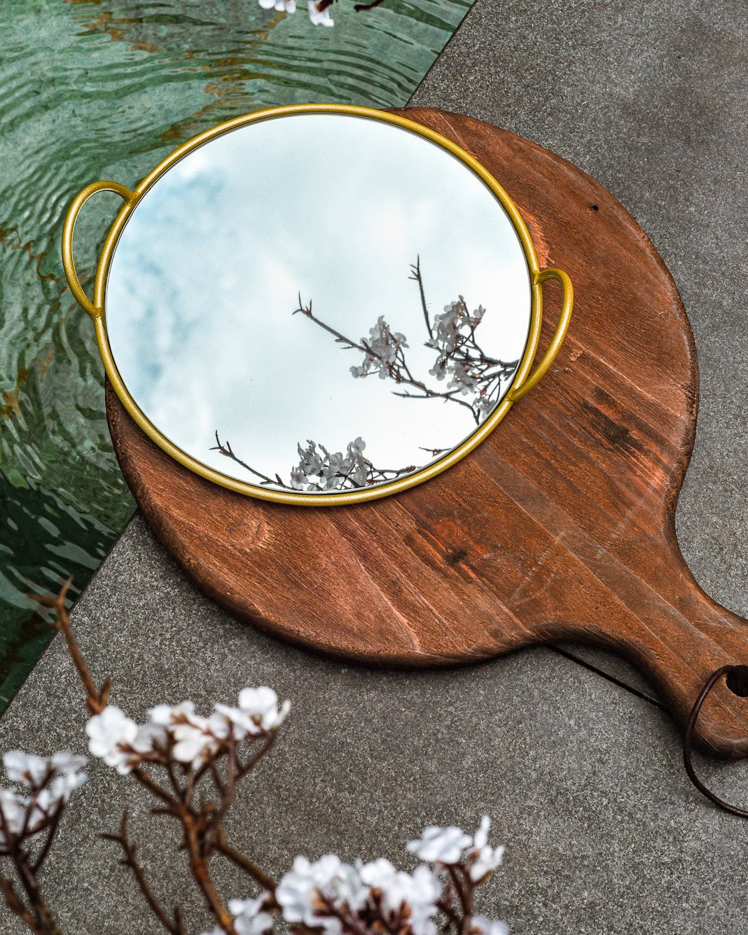 Round Brass Rimmed Mirror Tray with Handle