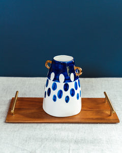 Indigo Spotted Ceramic Vase with Gold Handles