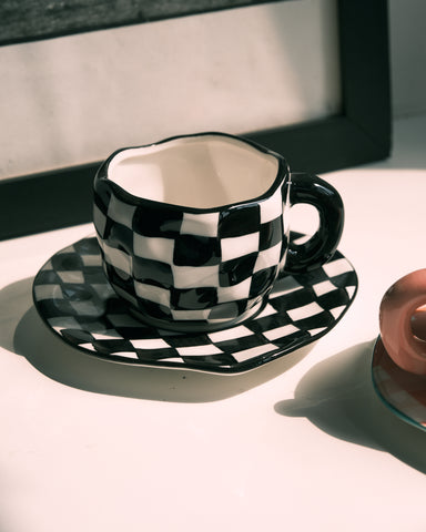 Summer Daze Black and White Checkered Cup and Saucer